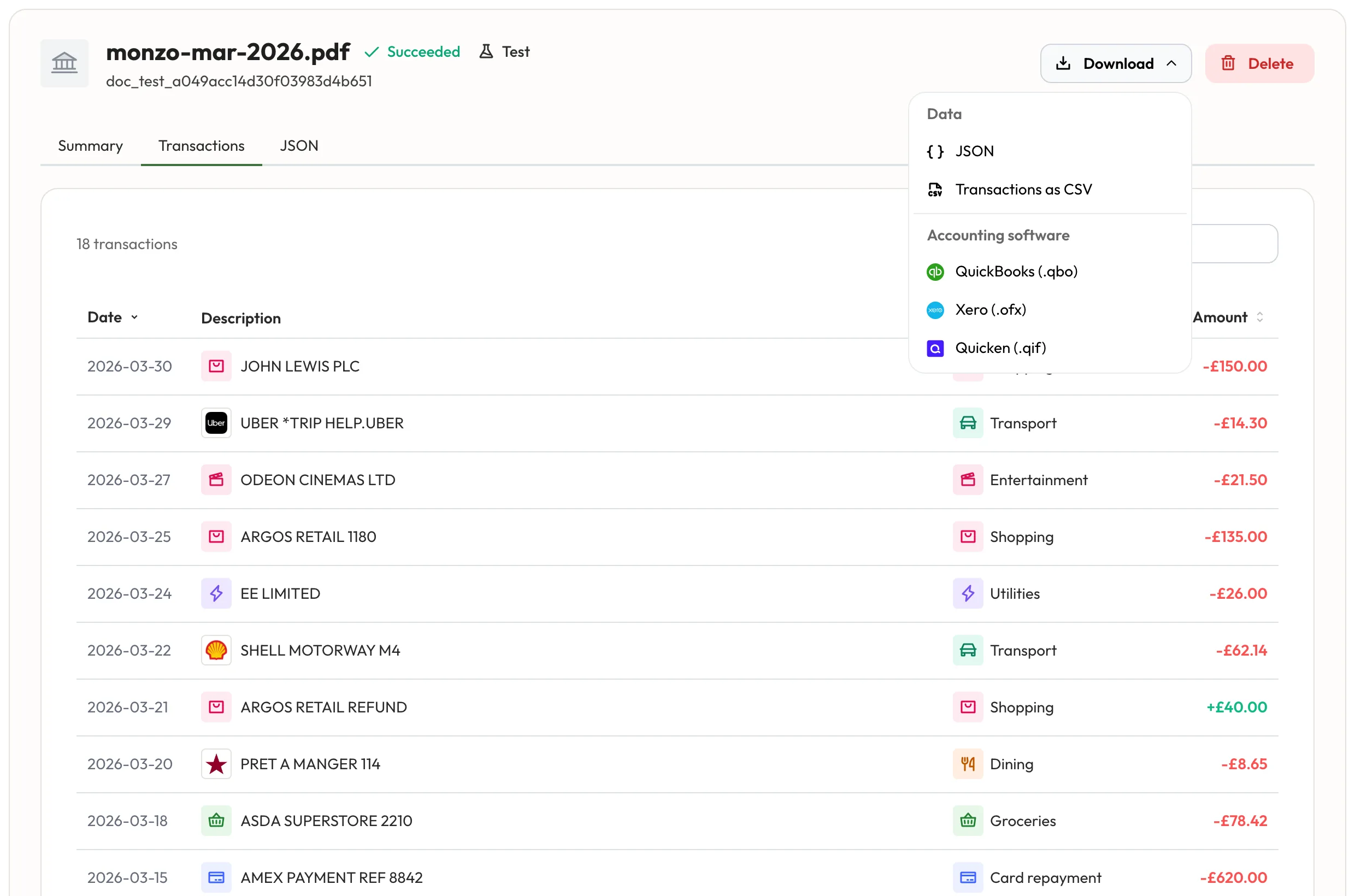 The download menu on a document: JSON and transactions as CSV, then QuickBooks, Xero and Quicken files