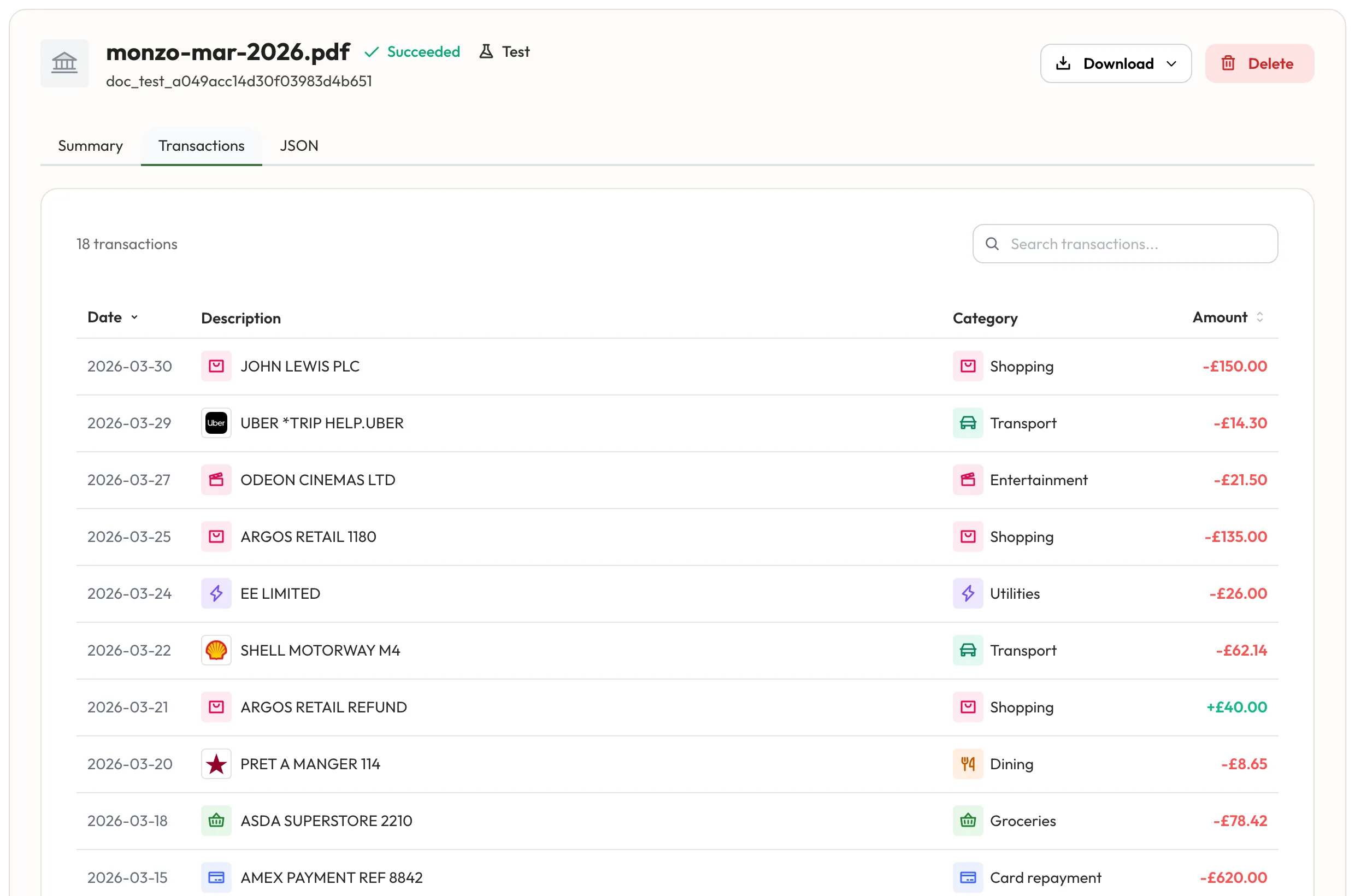A statement's transactions in the console: each row's date, the merchant's logo and description, its category and the signed amount