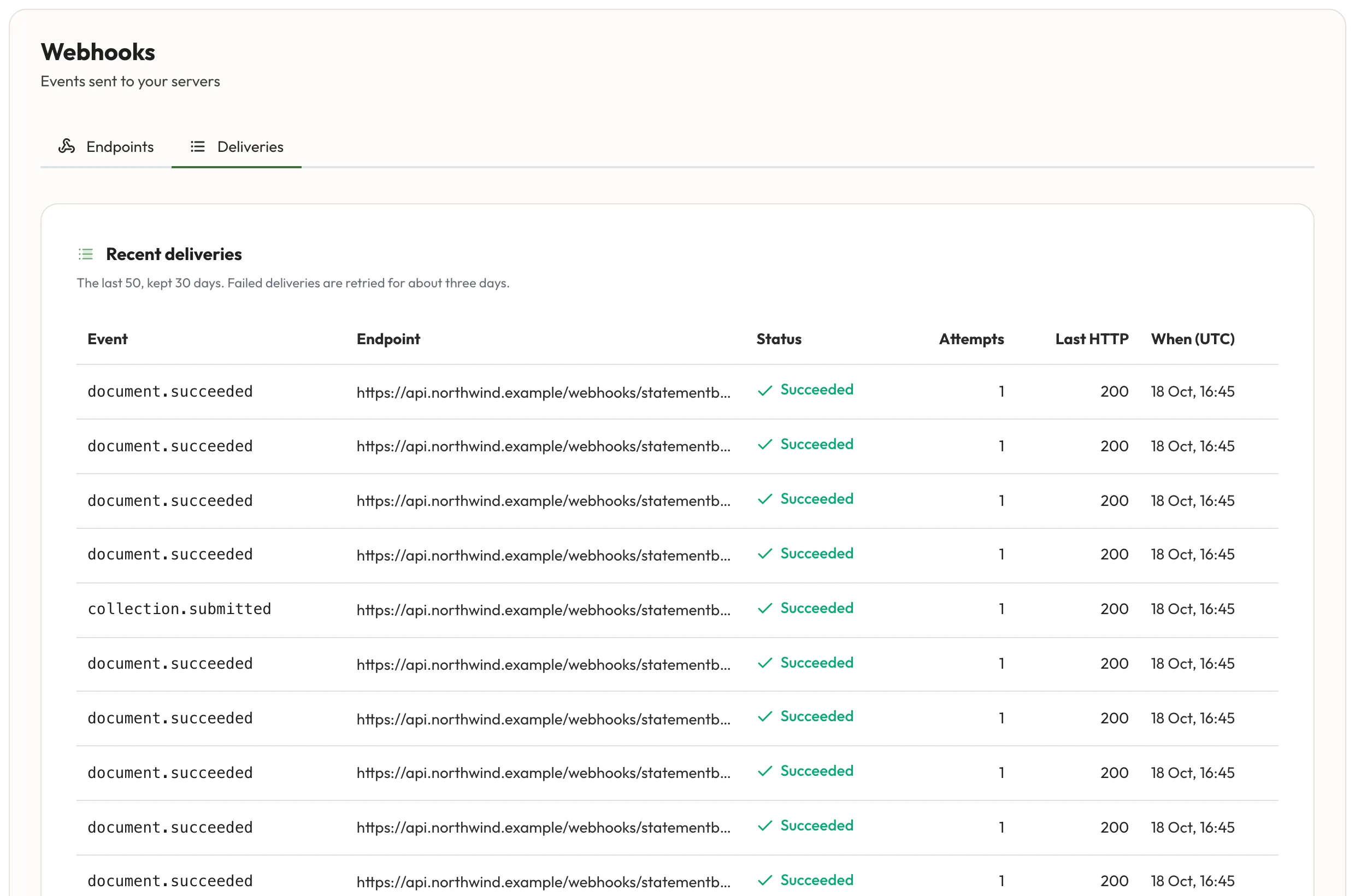 Recent webhook deliveries: document.succeeded and collection.submitted events, each delivered on the first attempt with HTTP 200