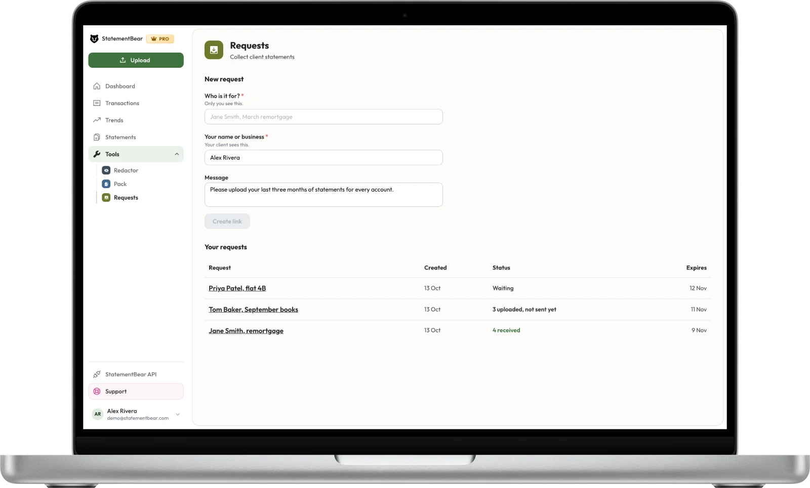 Creating a request link, above the list of requests and whether each client has sent their statements