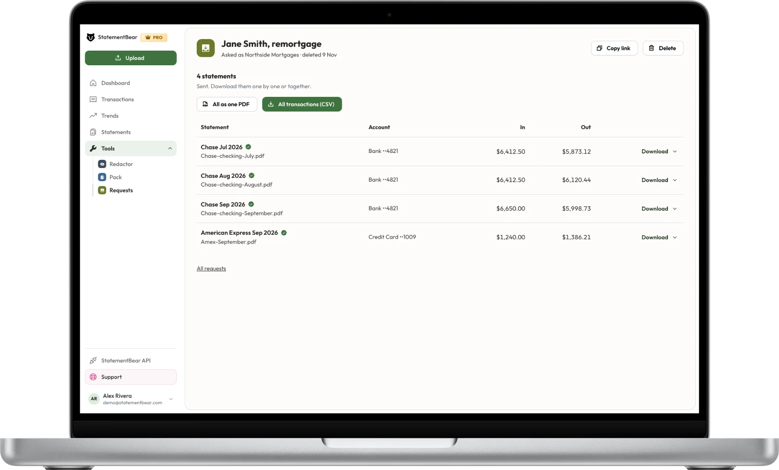 A client's four statements, each read and checked against its balances, with money in and out and downloads for PDF, CSV and QuickBooks