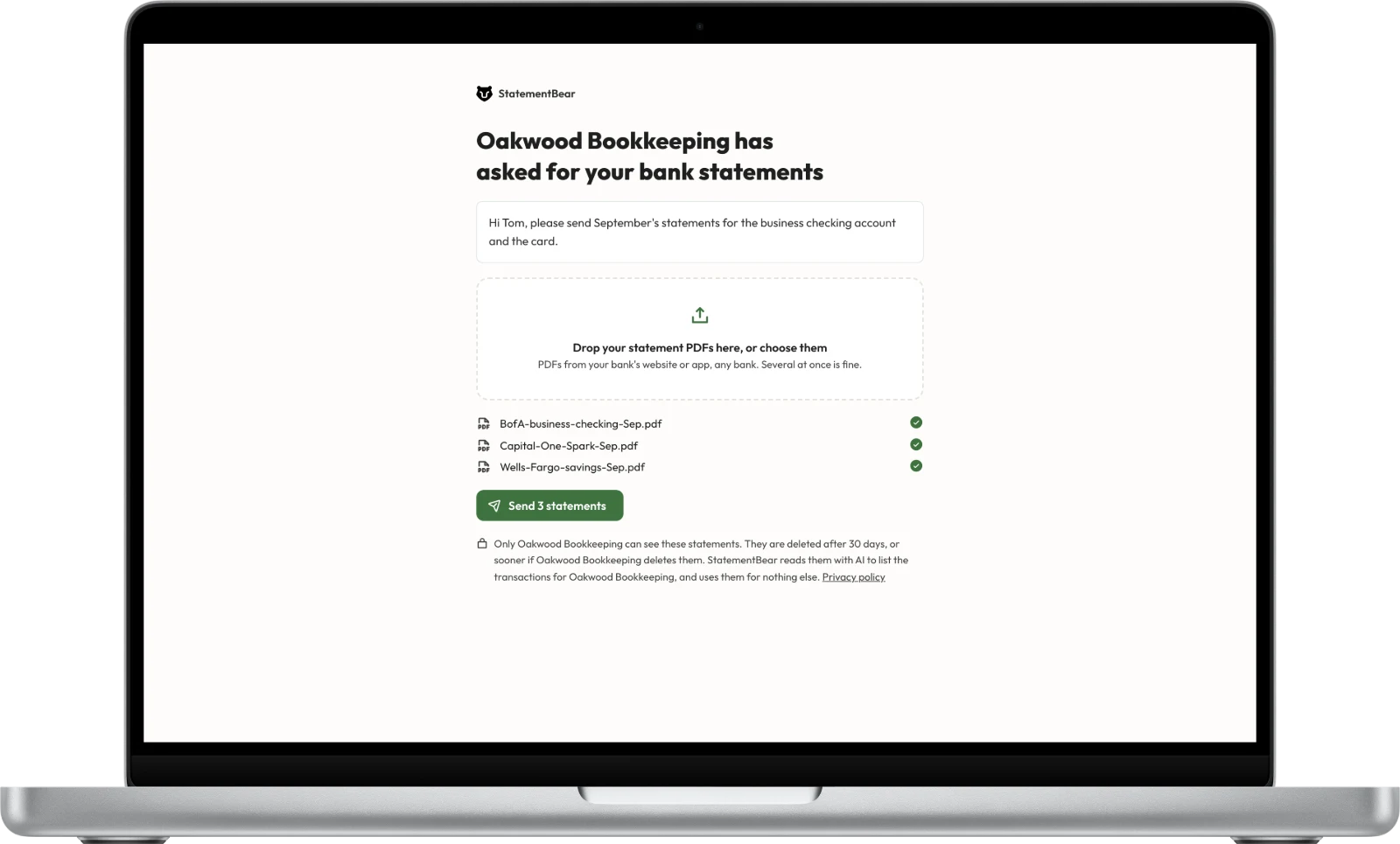 The page a client opens from the link: who is asking, the message, and a box to drop statement PDFs in, with no account