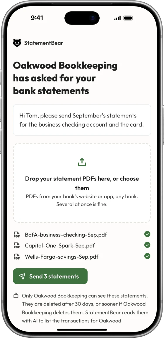 The client's upload page on a phone, three statements read and ready to send